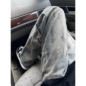 波点扎染修身牛仔裤男款痞帅显瘦裤子复古微喇直筒裤 NB113图片