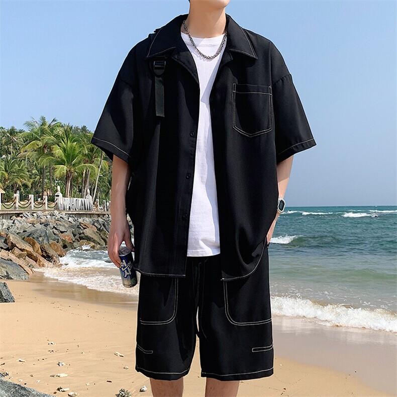 特批P55无差价夏冰丝凉感短袖衬衫短裤男士垂感时尚潮流套装TZ092图片
