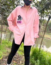 新款拼色领配花朵胸针休闲衬衫，女装衬衫，L·H·X