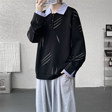 猫爪布假两件条纹拉链衬衫领休闲春款卫衣高街休闲学院卫衣特P55，男装衬衫，电商B319