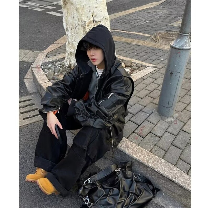 pu皮衣外套男新款春秋宽松美式复古连帽皮夹克上衣LGP4000-P88,男装夹克,星座1008