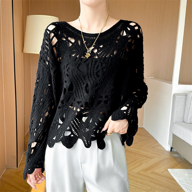 圆领镂空钩花100%纯羊毛衫女宽松慵懒长袖针织毛衣打底羊绒衫上衣，女装羊毛衫，北娇羊绒