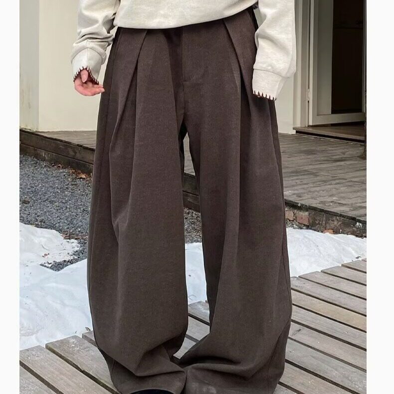 日系毛呢阔腿西裤男潮牌设计感休闲垂感裤美式宽松立体褶皱西装裤,男装西服套装,星座506A