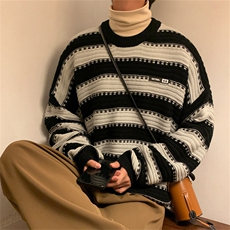 现货日系复古条纹圆领毛衣男春秋季慵懒风宽松针织衫M1037-P38，男装针织衫/毛衣，星座512-2
