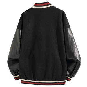 美式PU皮撞色棒球服毛呢宽松男女飞行夹克J826-P85图片