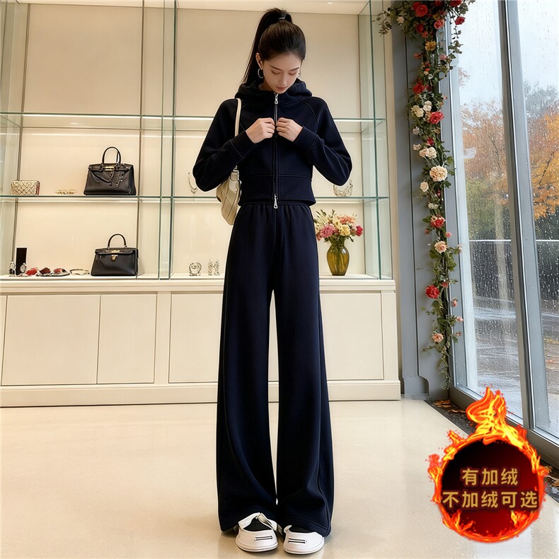 韩系修身显瘦运动套装女秋冬新款拉链开衫连帽卫衣直筒长裤两件套,女装套装/套裙,江南