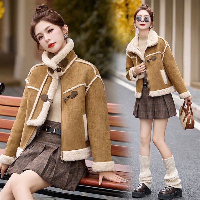 时尚复古红麂皮绒皮毛一体外套女2024冬新款小个子机车棉服图片