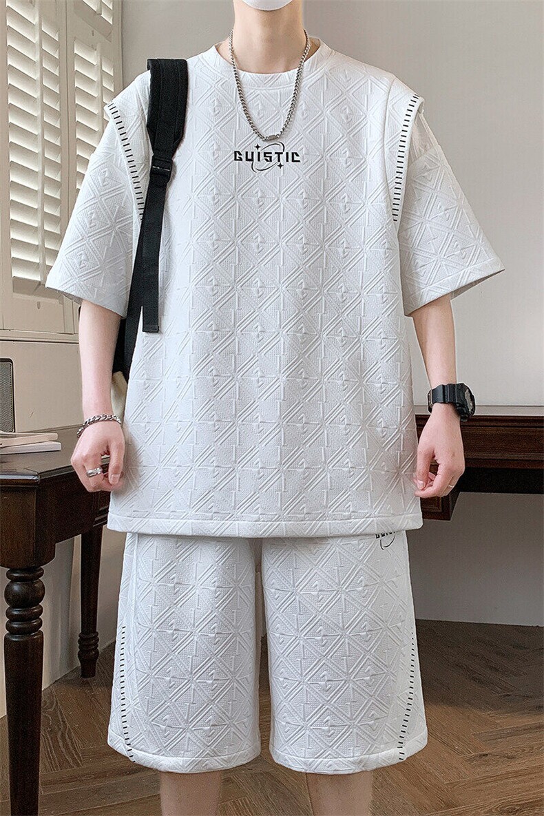 男士夏季潮牌拼接印花休闲运动五短裤套装潮流,男装牛仔裤,星座1206（原A206）