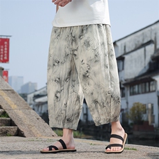 夏季新款现货风竹叶印花天丝休闲裤子K213-P55控78，男装休闲裤，电商A021