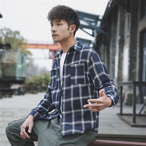 2021春季外景日系大码男休闲格子宽松纽扣翻领衬衫C503-P45图片