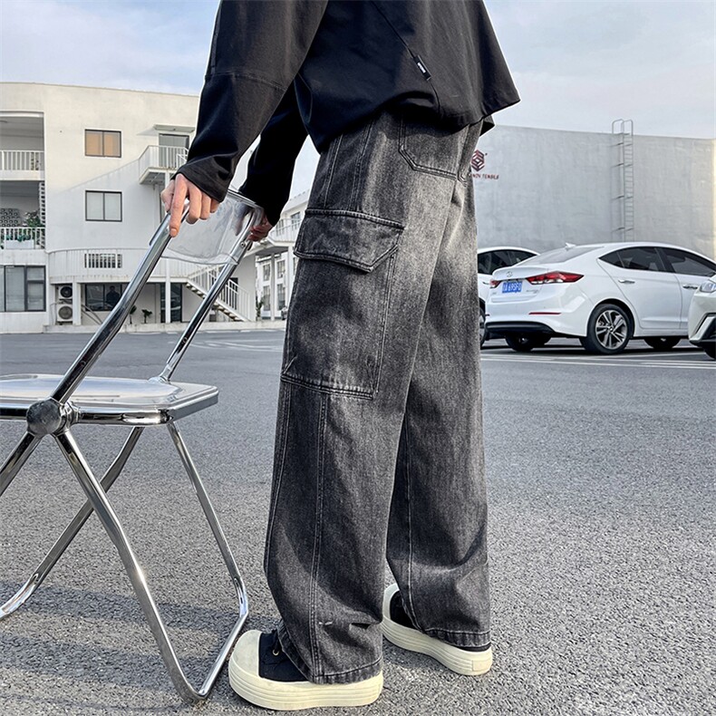 【现货】秋季新款美式复古工装口袋拼接宽松阔腿裤牛仔男816-P50,男装牛仔裤,星座1006
