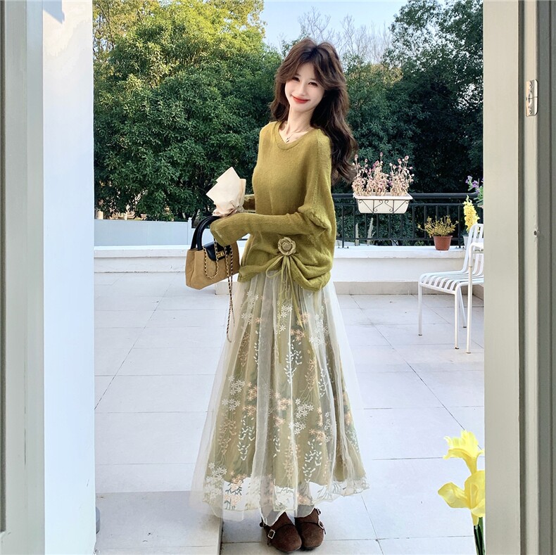 新款主推~针织上衣+花朵刺绣网纱半身裙两件套2b237-6200P195K318,女装套装/套裙,2B237