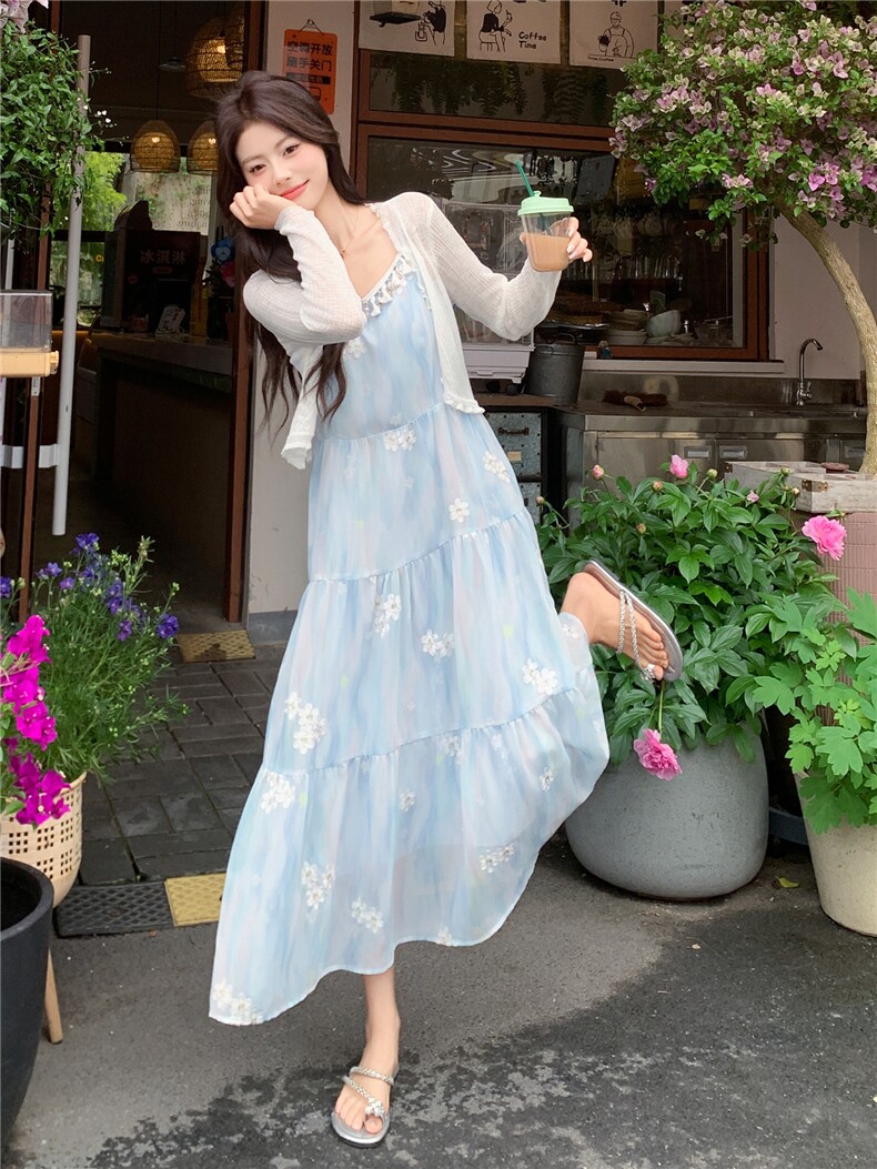 主推现货新款蓝色吊带配披肩连衣裙两件套P165-K245,女装套装/套裙,网红馆