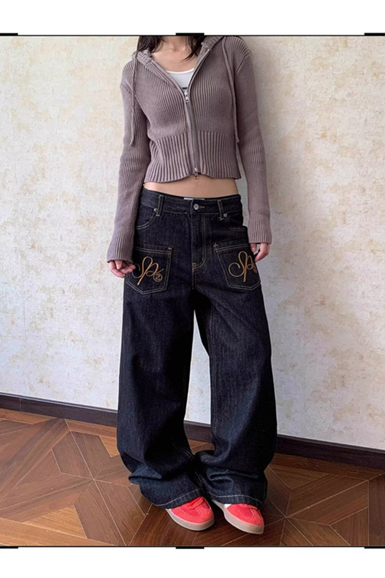 美式潮牌口袋刺绣阔腿牛仔裤男女春秋季新款百搭休闲长裤潮牛仔裤,男装牛仔裤,星座302B-2
