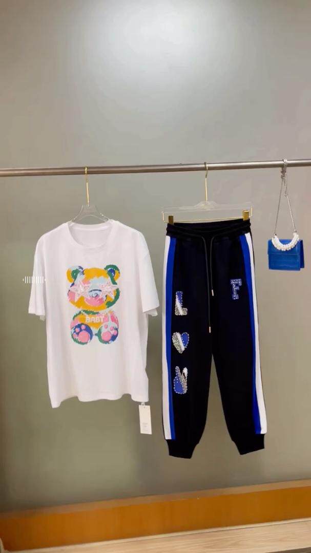 【FSBY】欧货重工钉珠钻工艺Ｔ字母拼接卫裤百搭，女装休闲裤，菲莎比娅