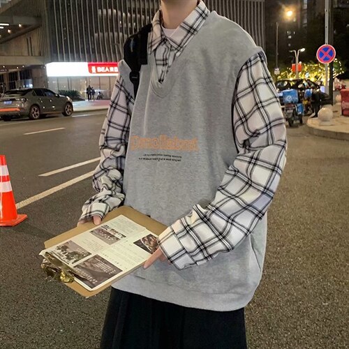 春季假两件卫衣男衬衫领慵懒bf宽松潮牌港风ins格子外套w012-p42，男装卫衣，星座1008-1