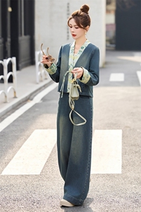 新中式国风牛仔套装女2025年开春新款超火高级感阔腿裤穿搭两件套图片