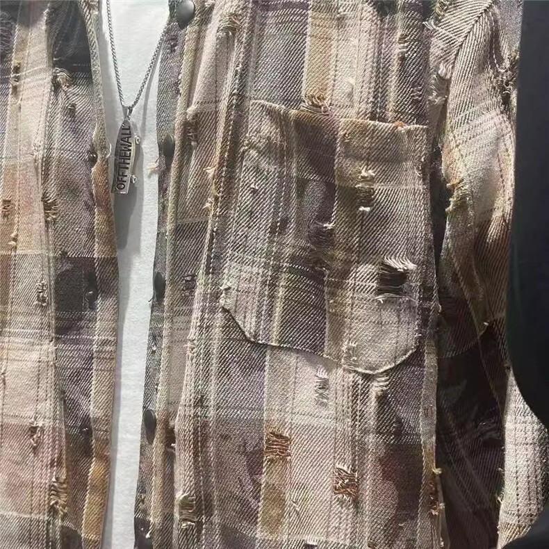 1506A/GJ040/P53破洞做旧撞色宽松衬衫外套,男装衬衫,星座1506A