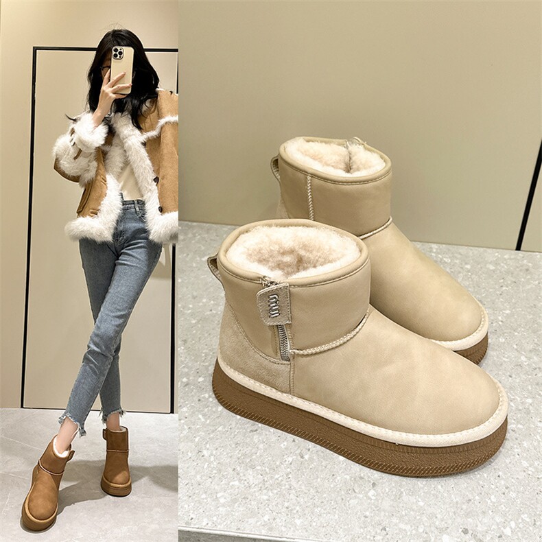 东北雪地靴短靴2024冬季新款加绒加厚皮面厚底防水防滑棉靴小短靴，女鞋雪地靴，电商A223