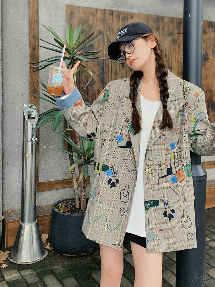 独特超好看涂鸦西装外套女春秋2025新款设计感小众休闲学院风西服,女装西装,浙宝192（原082）