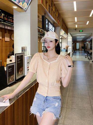 后系带花边领格子上衣，女装，斐伦缇娜