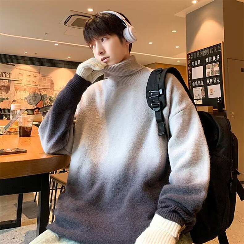 B444P65半高领立领套头毛衣男潮流学生渐变慵懒风毛线衣针图片