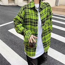 高街欧美潮牌嘻哈情侣宽松条纹绿色衬衣外套格子衬衫CY955-P46，男装衬衫，星座412-2