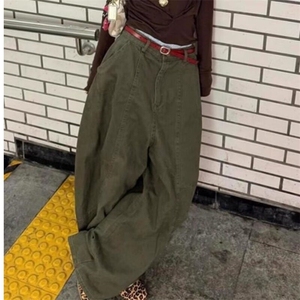 时尚美式复古绿色弯刀牛仔裤女2025春新款宽松慵懒松弛感拖地裤图片