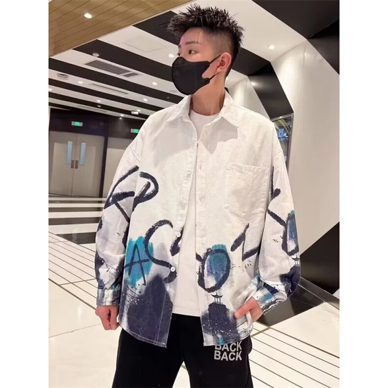 衬衫男长袖夏季潮牌易打理宽松休闲外套春秋款印花痞帅青少年衬衣图片