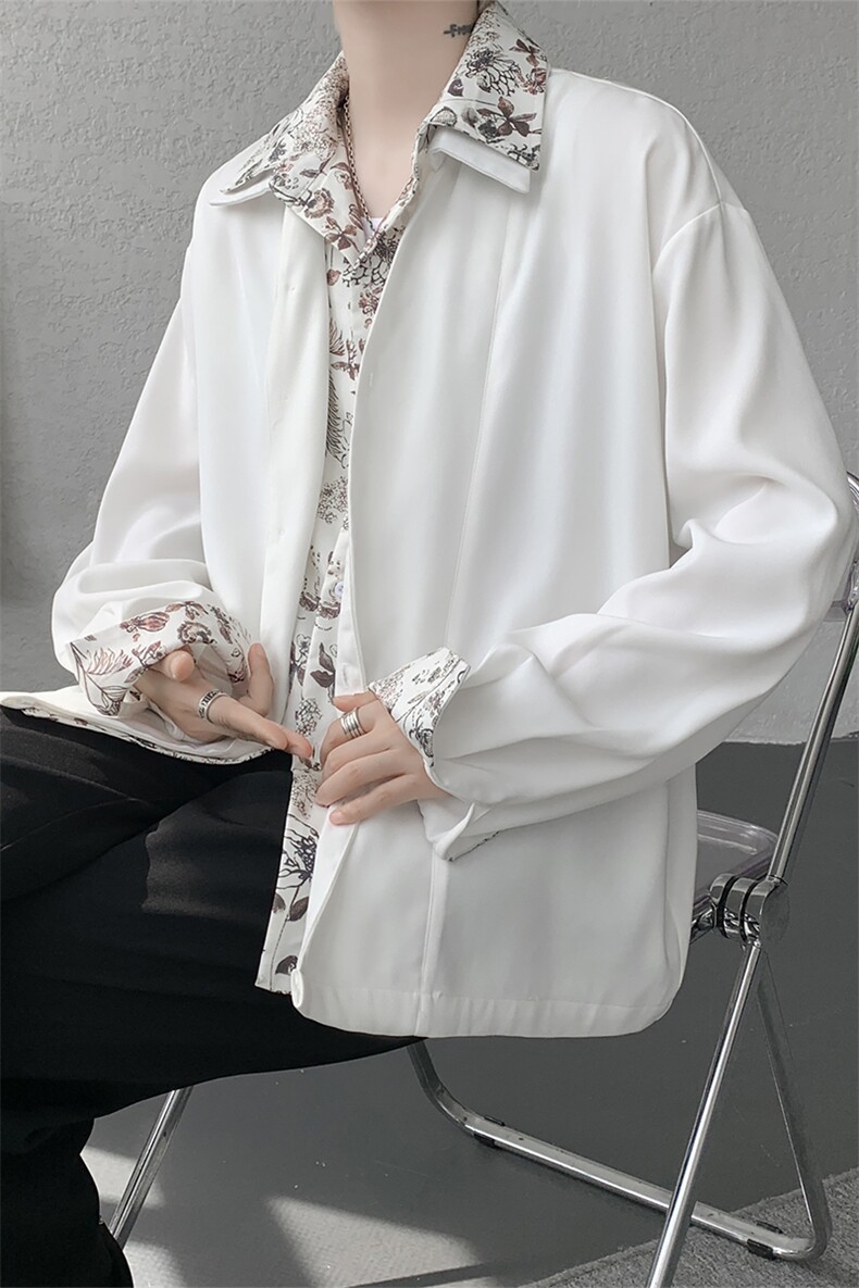 潮流休闲花卉印花领翻领假两件休闲长袖衬衫上衣男潮P55,男装衬衫,电商B319