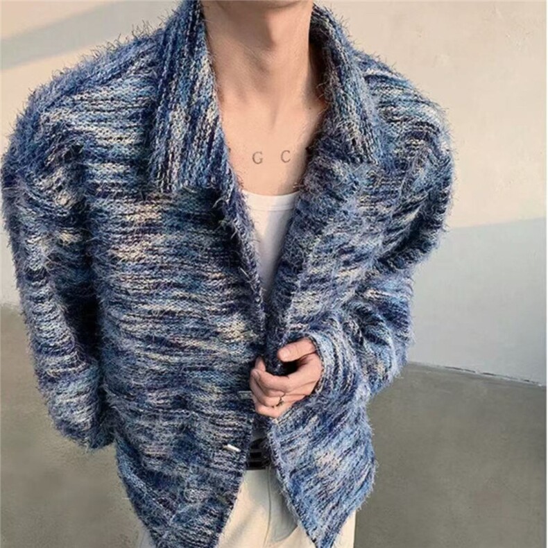 美式复古水貂绒扎染衬衫领毛衣开衫慵懒风外套设计感小众长袖上衣,男装针织衫/毛衣,星座715-4