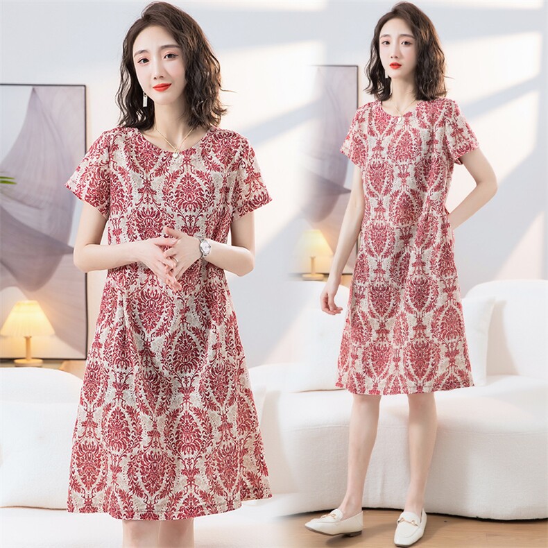 碎花裙子女夏季2025夏装新款时尚气质妈妈宽松显瘦遮肚短袖连衣裙，女装连衣裙，阿丹