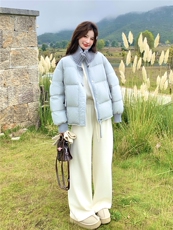 超好看蓝色针织拼接立领短款羽绒服女2025冬韩系甜美90白鸭绒外套，女装羽绒服，慧尚依恋