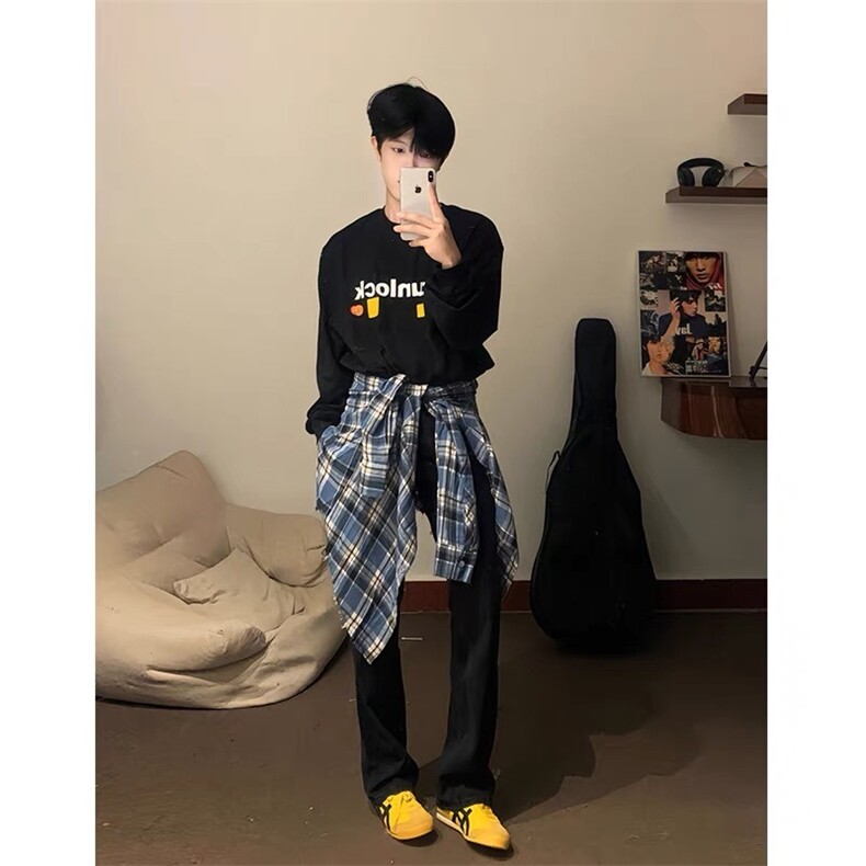 CS301-P35美式潮牌蓝色长袖格子衬衫男女生宽松百搭复古休闲,男装T恤,电商B323A