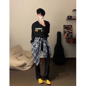 CS301-P35 美式潮牌蓝色长袖格子衬衫男女生宽松百搭复古休闲图片