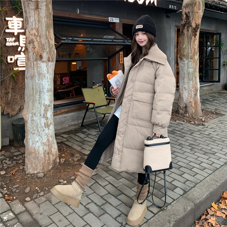 米白色松弛感针织拼接翻领长款羽绒服女2025冬季新款加厚保暖外套,女装羽绒服,2C159