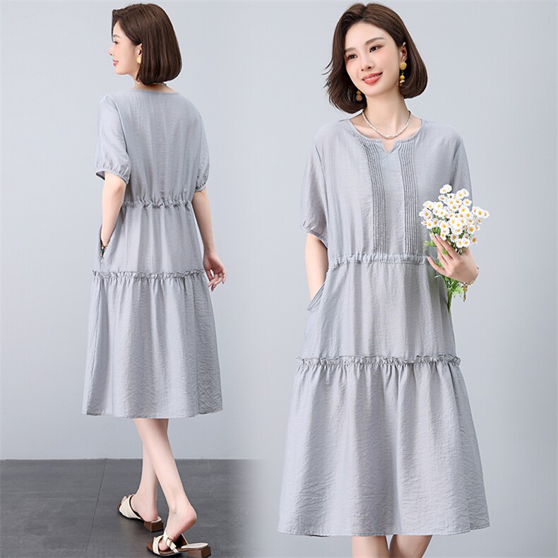 2025年夏季简约时尚潮流连衣裙短袖中长款纯色连衣裙休闲/淑女，女装连衣裙，江忆布依