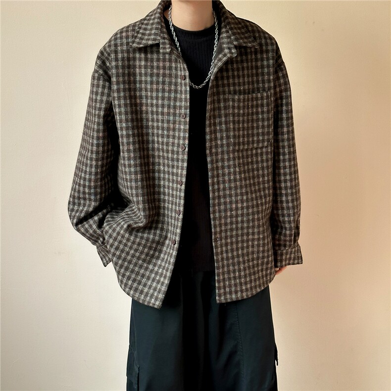 春季新款呢子衬衫外套宽松休闲加厚格子衬衣A351-AJ2552-P75控138,男装衬衫,电商A351