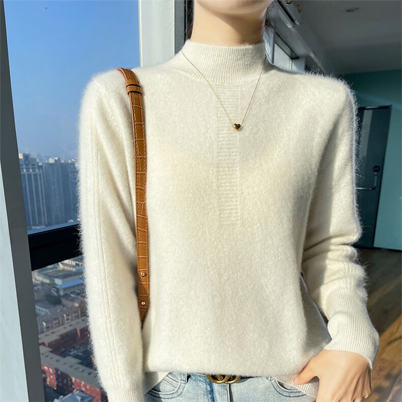 25秋冬新款加厚100%纯羊毛衫女半高领坑条毛衣宽松羊绒针织打底衫,女装羊毛衫,宇灿羊绒
