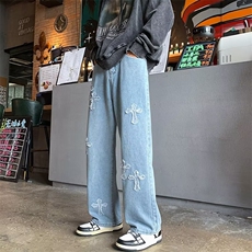 刺绣十字架牛仔裤男秋季美式复古宽松直筒裤潮拖地裤子K4881-P42，男装牛仔裤，星座512-2