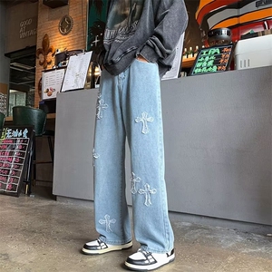 刺绣十字架牛仔裤男秋季美式复古宽松直筒裤潮拖地裤子 K4881-P42图片