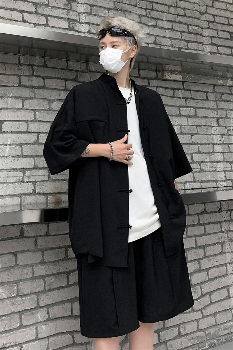 XZ2449-TP50不控价夏设计感小众中袖衬衫短裤男新中式休闲两件套,男装衬衫,电商A102-1