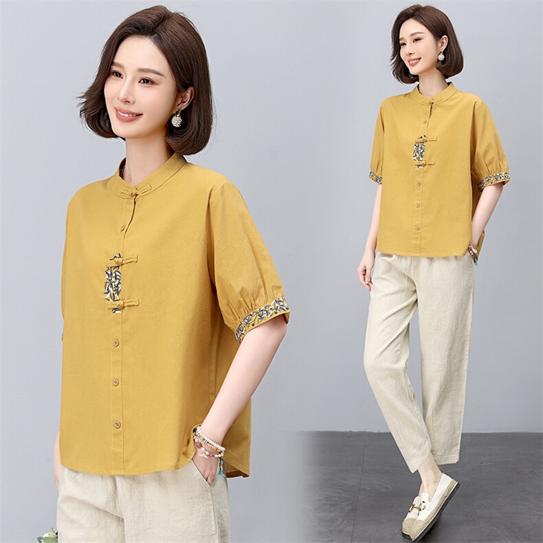 新中式国风刺绣棉麻衬衫女2025年夏季新款妈妈宽松遮肚子亚麻上衣，女装大码女装，依恋蒂丝