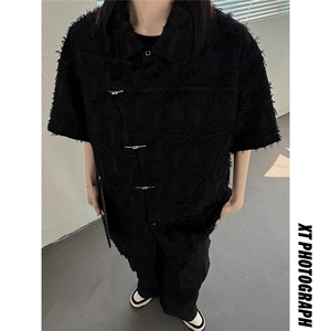 主推新中式风毛边设计感小众五分袖衬衫女情侣上衣D248P48