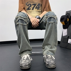 新款水洗破洞牛仔裤做旧夏季薄款美式高街宽松直筒微喇牛仔裤，男装牛仔裤，星座410-7