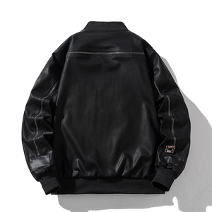 现货 黑色PU皮棒球服外套秋冬棉服带帽可拆卸图片