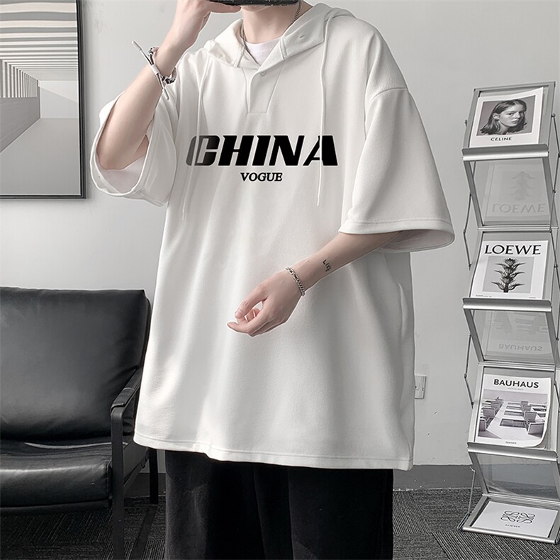LD54001-P45连帽短袖t恤男大码胖子带帽五分袖中袖,男装T恤,电商A040