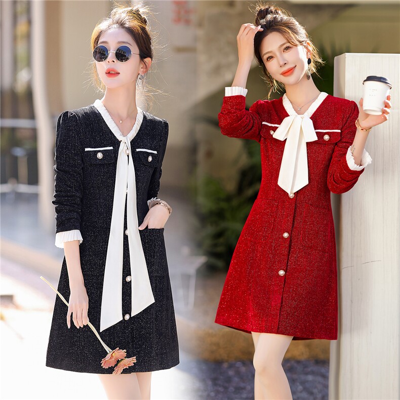 法式气质连衣裙女春季长袖2025新款漂亮拼接收腰显瘦连衣裙，女装连衣裙，韩美纤衣