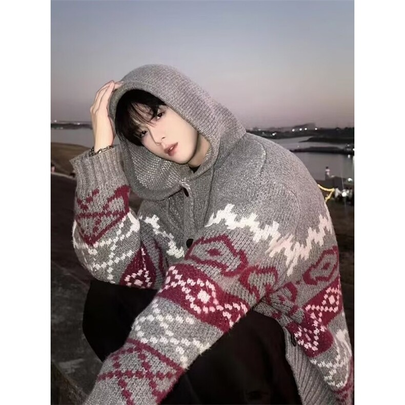 有货美式连帽毛衣男冬季宽松高级感情侣针织衫外套LM3711-P83,男装针织衫/毛衣,星座1008