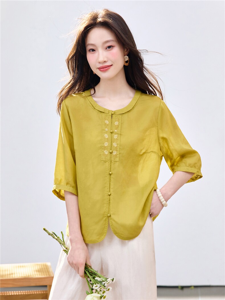 长期现货2026夏季新款天丝苎麻衬衫女中年妈妈宽松圆领中袖T恤女,女装衬衫,璐依舞